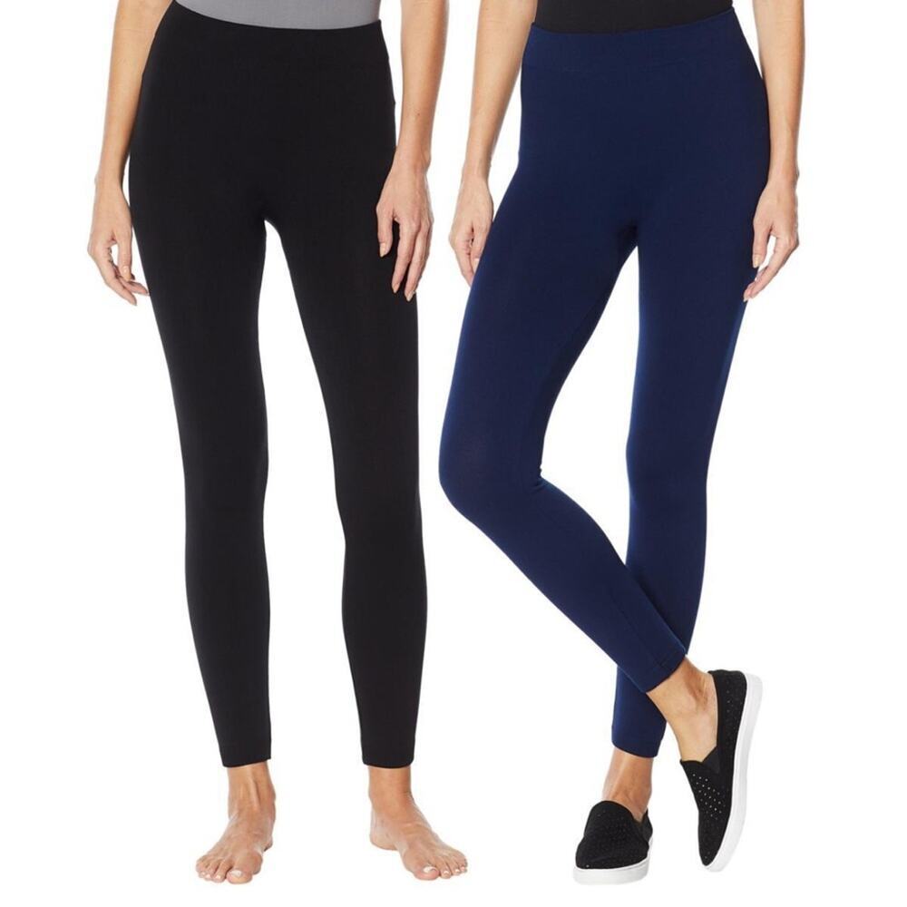 Rhonda Shear 2-Pack Fleece-Lined Leggings Black Blue Plus Size 3X Petite 23"